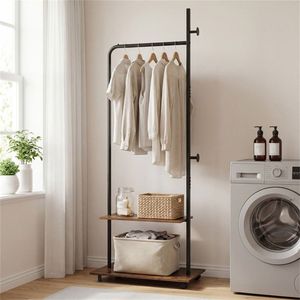 Industrial Freestanding Garment <b>Rack</b> with 2 Wooden Shelves and Hooks Rolling <b>Rack</b> for Bedroom Entryway Clothes <b>Racks</b> & <b>Rails</b> - Product Image 5