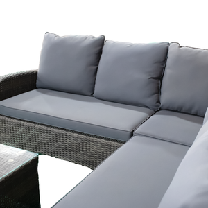 Contemporary <b>Outdoor</b> <b>Rattan</b> <b>Sofa</b> Set with Glass Top Table Waterproof Gray Cushions for Garden Patio Deck - Product Image 5