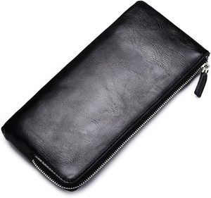 Fazmax Corporation Model A30 Black Leather <b>Zip</b> Around <b>Wallet</b> with Silver Pull Tab and Dual Zippers - Product Image 1