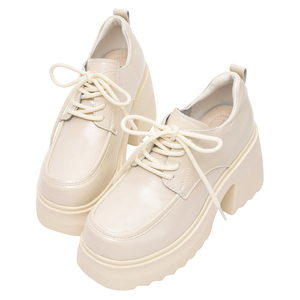 Ann'S Platform Oxford Shoes 9cm Thick Heel Slip-On Derby Beige Durable Arch <b>Support</b> All Seasons Fashion Shoes - Product Image 1