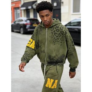 ชุดฮู้ดดี้ผู้ชายแบบซิปพิมพ์ลายเสือดาว สตรีทแวร์ ปักลายแบบกำหนดเอง 2 ชิ้น พร้อมโลโก้ OEM แบบกำหนดเอง พิมพ์ลายดิจิทัลเนื้อผ้าหนา - Product Image 2