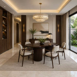 Ensemble de salle à manger contemporain en teck Milano, table ovale de qualité supérieure, base cylindrique à lattes, 6 chaises rembourrées, restaurant, hôtel - Product Image 5