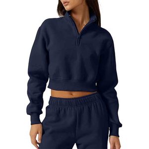 Sweat-shirt court à capuche pour femme, col montant, manches longues, demi-zip, pull avant, collection hiver, ODM - Product Image 1