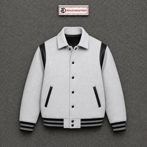 Blouson universitaire en laine argentée avec empiècements en cuir noir sur les épaules, design texturé, boutons-pression, style bomber de baseball, décontracté, coupe-vent, hiver - Product Image 5