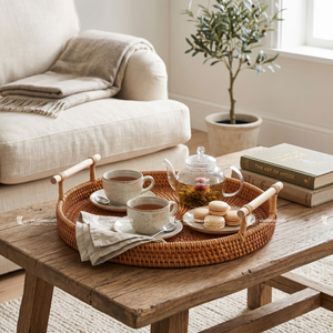 Customized Oil Rubbed Multi-Function Rattan Wicker Decorative Serving <b>Tray</b> Basket for Home Decor and Coffee <b>Table</b> - Product Image 5