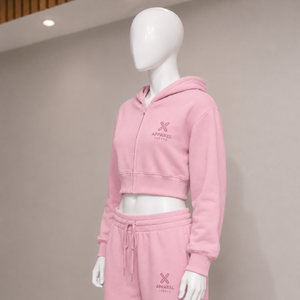 Ensemble sweat-shirt court à capuche rose pour femme, en molleton 100% coton, avec fermeture éclair, manches longues, pantalon long, couleur unie, brodé, coupe classique - Product Image 5