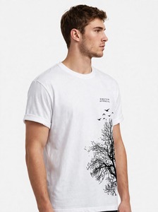 ONETEN APPAREL เสื้อยืดคอกลมแขนสั้นผู้ชายสีขาวพิมพ์ลายต้นไม้นกเสื้อยืดลำลอง - Product Image 2