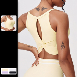 Débardeur tricoté jaune pour femme avec dos ajouré et col rond, gilet sans manches sportif pour le yoga et l'entraînement physique - Product Image 1