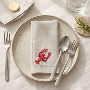 Custom Wholesale Embroidery Red Lobster Natural <b>Linen</b> Dinner Napkin Hemstitch <b>Cloth</b> Napkin Machine Washable Durable Home Hotel - Product Image 4