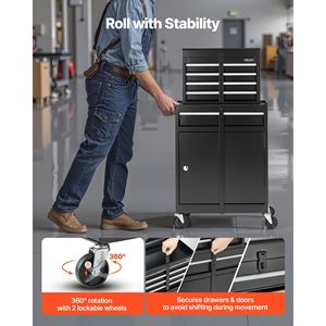 Coffre à outils roulant 2-en-1 avec 5 tiroirs, plateau supérieur amovible, boîte à outils métallique, barre de verrouillage et organisateur de doublure protectrice - Product Image 5