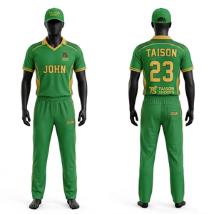 ชุดเสื้อและกางเกงคริกเก็ตหญิง ผ้าโพลีเอสเตอร์อินเตอร์ล็อค 185 GSM สีเขียวทอง ลายแผง ดีไซน์พิมพ์ลายโลโก้แบบ Sublimation - Product Image 1