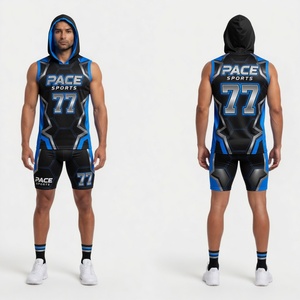 Uniforme de Fútbol Americano a 7 para Hombre |   Kit con Capucha de Sublimación Completa, Diseño Geométrico Hexagonal en Negro y Azul - Product Image 1