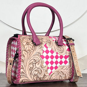 Handmade 2026 New Pink & White Checkered Tooled Cow Leather Speedy Bag Medium 11" Western Cowgirl Handbag Crossbody Duffel Bag - Product Image 5