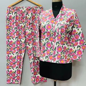 Floral Cotton Pajama Set, Summer Nightwear, Bohemian Sleepwear, Women Loungewear with <b>pants</b>, Bridesmaid PJ's - Product Image 1