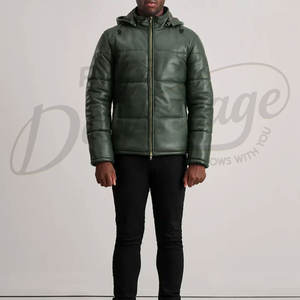 Veste matelassée en cuir vert foncé pour homme, chaude et rembourrée, avec capuche, en similicuir, idéale pour l'hiver et les températures froides. - Product Image 4