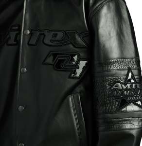Avirex Fahion <b>Men's</b> Black <b>Leather</b> Bomber <b>Jacket</b> Embossed Logo Patch Design Turn-down Collar Regular Fit Moto Style - Product Image 6