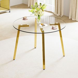 Modern Minimalist <b>Dining</b> <b>Table</b> with Circular Transparent Tempered Glass <b>Top</b> and Golden Metal Legs Suitable Kit - Product Image 1