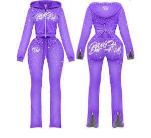 Nouvelle Tendance 2026 : Ensemble TAHAD Femme 2 Pièces Vintage avec Logo Personnalisé, Strass Lavés, Double Fermeture Éclair – Pantalon de Survêtement et Sweat à Capuche Court - Product Image 4