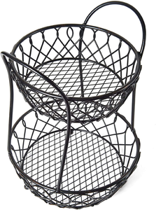 2-Tier Fruit <b>Basket</b> for Kitchen Counter Metal Wire Fruit & <b>Vegetable</b> Stand with Wooden Handle Tabletop Organiser for Table - Product Image 2
