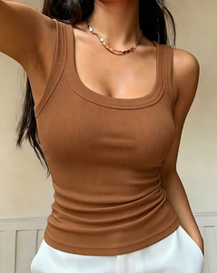 Women's Gray Ribbed Knitted O-Neck Sleeveless Crop Tank Top Casual Breathable Solid Color Polyester/Cotton 160g - Product Image 2