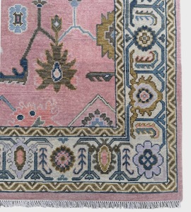 Traditional Hand Knotted Wool Oushak Area Rug Geometric Floral Persian Style Eco Friendly Pet Friendly Cushioned Pink Blue - Product Image 4