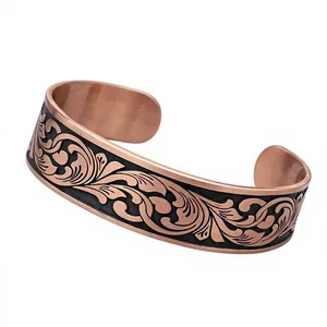 Traditional Ayurvedic Carved Floral Solid Copper Open Health Bracelet Minimalist Stackable Jewelry Fashion <b>Accessory</b> - Product Image 1