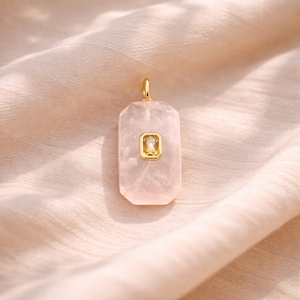 Rose Quartz Faceted <b>Cushion</b> Shape Charm with <b>Rectangular</b> Citrine CZ Accent, Gold Plated Jewelry Connector - Product Image 1