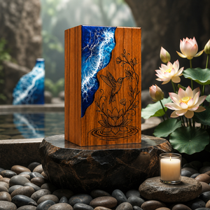Handmade Wooden Cremation Urn Ocean Wave Resin <b>Memorial</b> <b>Box</b> Floral Bird Inlay Adult Cremation Keepsake Case - Product Image 3