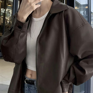 Blouson en cuir pour femme, col rabattu, manches longues, fermeture éclair, couleur unie, automne, longueur courte - Product Image 3