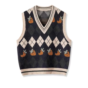 Unisex Knitted V-Neck <b>Sweater</b> <b>Vest</b> <b>Argyle</b> Pattern Pumpkin Design Autumn Wear Regular Fit Preppy Style Sleeveless Pullover - Product Image 1