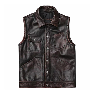 <b>Men's</b> Genuine <b>Leather</b> <b>Vest</b> Turn-down Collar Button Closure Casual Outerwear Solid Color Autumn Wear - Product Image 2