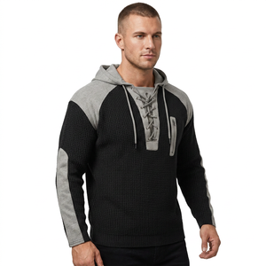 Suéter de punto con capucha para hombre, manga raglán, color sólido, informal, para invierno, con cordones delanteros y bolsillo con cremallera, 100% algodón - Product Image 6