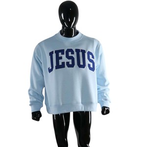 JESUS Letter Print <b>Mock</b> <b>Neck</b> Crew <b>Neck</b> Sweatshirt Unisex Regular Fit Light Blue Cotton Pullover Casual Autumn Wear - Product Image 4