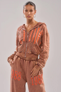 Ensemble de sweat-shirt à capuche surdimensionné avec détails en strass en tissu French Terry marron, vêtements unisexes pour l'automne - Product Image 6