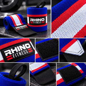 สายรัดข้อมือผ้าฝ้าย RHINO FITNESS แบบตีนตุ๊กแก สำหรับยกน้ำหนัก สีน้ำเงิน แดง ขาว - Product Image 5