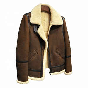 Blouson aviateur en cuir véritable marron pour homme, col rabattu, fermeture éclair, doublure en sherpa, style motard d'hiver - Product Image 2
