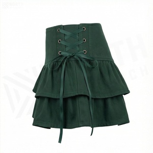 Jupe courte taille haute pour femme, couleur unie, volants, style évasé, style doux, laçage ajustable sur le devant, tissu tissé, toutes saisons - Product Image 3