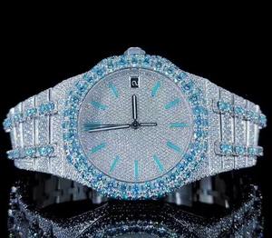 Luxury Simple Antique Quartz Fashion Iced White Blue Diamond Stainless Steel Watch for Men Silver Moissanite Full Pave Blue - Product Image 1