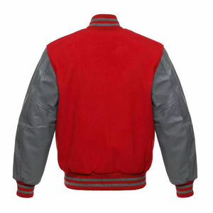 Chaqueta estilo universitario roja y gris para hombre, mangas estilo cuero, ribete acanalado a rayas, botones a presión, ropa urbana de moda. - Product Image 3