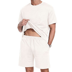 New Summer Mens O Neck Short Sleeve Breathable Streetwear Vintage Oversize Two-Piece Cotton Ribbed T-Shirt and Shorts <b>Twins</b> <b>Set</b> - Product Image 2