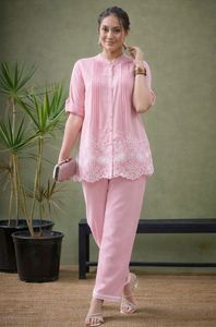 Ensemble Kurta et pantalon en coton rose brodé pour femme, coupe ample, longueur cheville, style décontracté Inde Pakistan, été - Product Image 4
