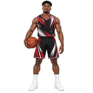 Ensemble de maillots de basket-ball sublimés personnalisés pour hommes, noir, rouge, blanc, col en V, sans manches, respirant, uniforme en polyester - Product Image 6