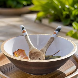 Bol à salade en bois émaillé fait main avec motif feuille de Ginkgo, vaisselle moderne pour la maison et la cuisine - Product Image 4