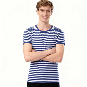 Camisetas de Algodón Unisex al por Mayor, Cuello Redondo, Manga Corta, con Rayas Azul Marino, Tejido de Punto de 180 g/m², Diseño Casual con Rayas Marineras - Product Image 1