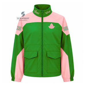 Alpha | Kapa | Alpha Nylon Windbreaker <b>Set</b> Embroidered Warm UP Jacket With <b>Matching</b> <b>Jogger</b> Green And Pink Color Block Activewear - Product Image 2