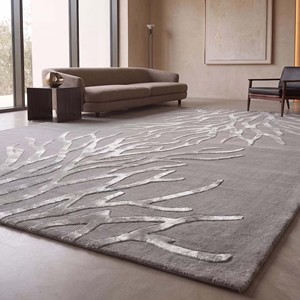 Alfombra de lujo gris y plateada con diseño de ramas, hecha a mano con lana y seda, moderna y de diseño, para sala de estar, dormitorio y decoración del hogar. - Product Image 2