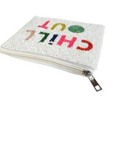 Bolso Rectangular de Algodón Bordado a Mano con Cuentas, Diseño Floral con Texto 'Chill Out', Cierre de Cremallera Blanco - Product Image 2