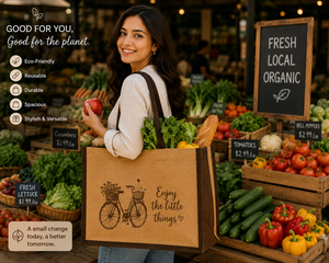 Bolsa de compras grande de yute marrón con diseño de bicicleta y flores, texto 'Enjoy The Little Things', asa superior, parte superior abierta - Product Image 3