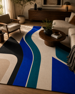 Tapis moderne abstrait en laine tuftée à la main avec envers en coton, luxueux bleu, noir, beige, tapis contemporain sur mesure - Product Image 5