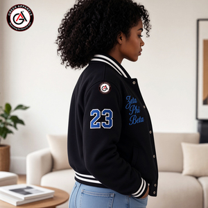 Chaqueta de Motociclista para Mujer, Marca Zeta Phi Beta Sorority, Bordada, Sólida, con Cuerpo de Lana y Mangas de Cuero, Acolchada y Resistente al Viento - Product Image 3